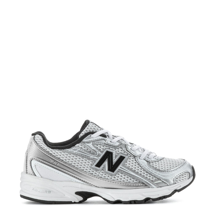 Kids silver metallic lace-up sneakers with black accents and New Balance N logo