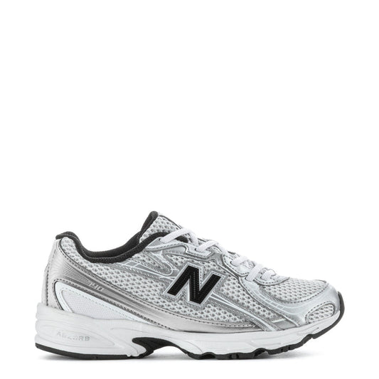 Kids silver metallic lace-up sneakers with black accents and New Balance N logo