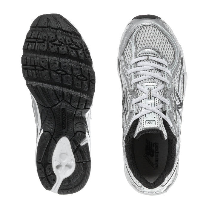 Kids silver metallic sneakers, outsole and heel view with textured black tread
