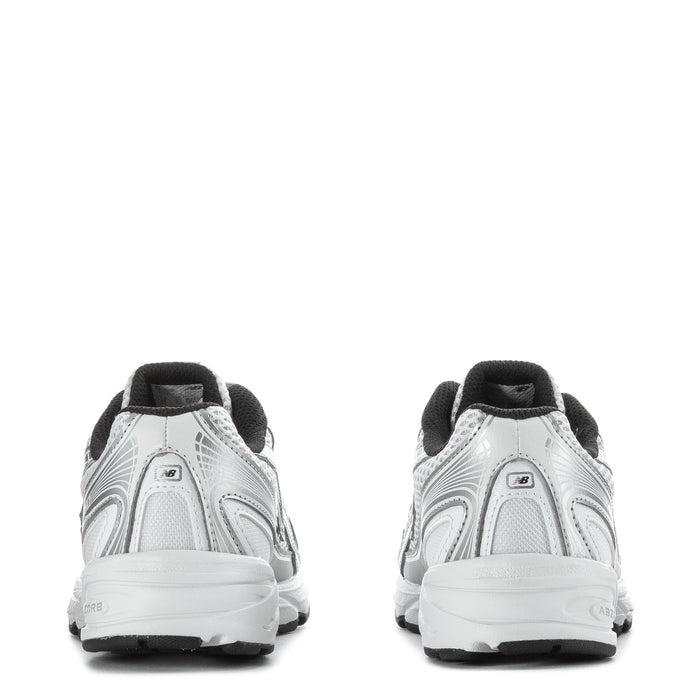 Kids silver metallic sneakers, back view with black collar and cushioned sole