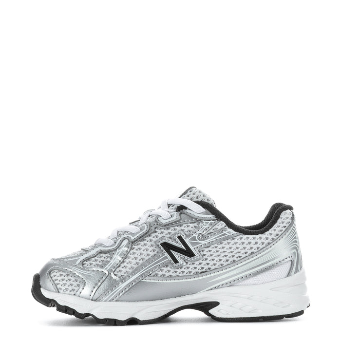 Toddler silver metallic lace-up sneakers with black collar and side N logo