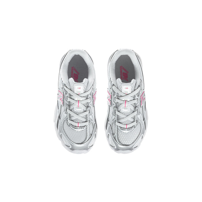 Silver toddler sneaker pair with pink N tongue logo and lace-up closure.