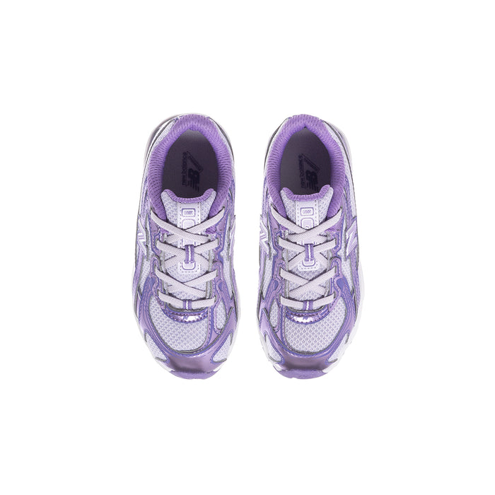 Toddler New Balance lilac and violet sneakers, front view with white laces