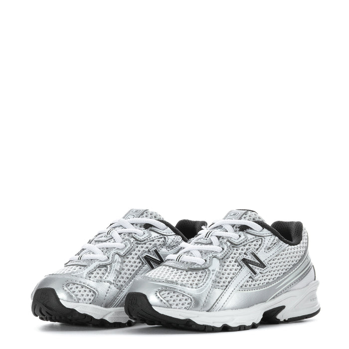 Toddler pair of silver metallic lace-up sneakers with black outsoles
