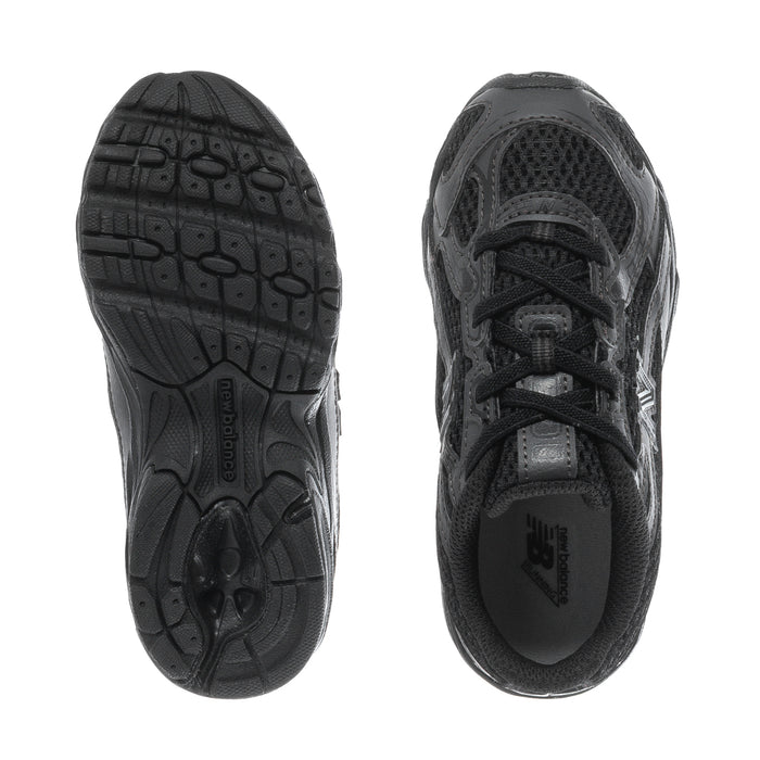 Toddler sneaker outsole and heel interior view in black/gray, lace-up with New Balance