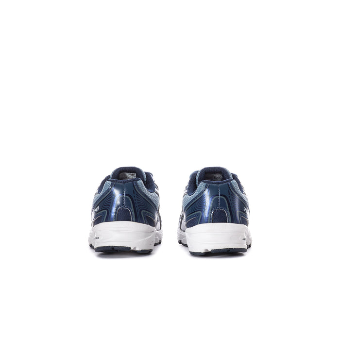 Toddler sneakers heel view, blue and navy uppers with white outsole