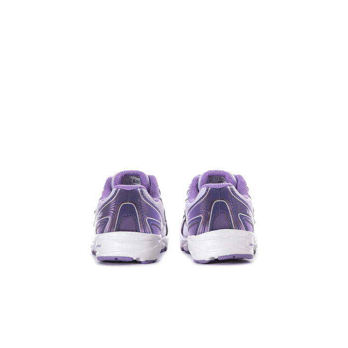 Toddler New Balance lilac and violet sneakers, rear view with white heel panel