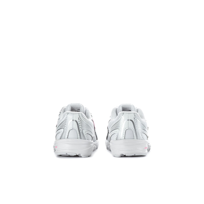 Silver toddler sneaker heels with cushioned back panels and small pink accent logo.