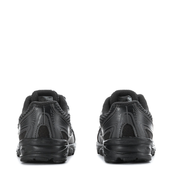 Toddler sneaker back view in black/gray, lace-up with cushioned collar and New Balance