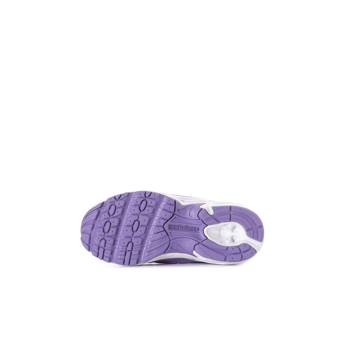 Toddler New Balance lilac sneaker outsole with patterned traction and white logo