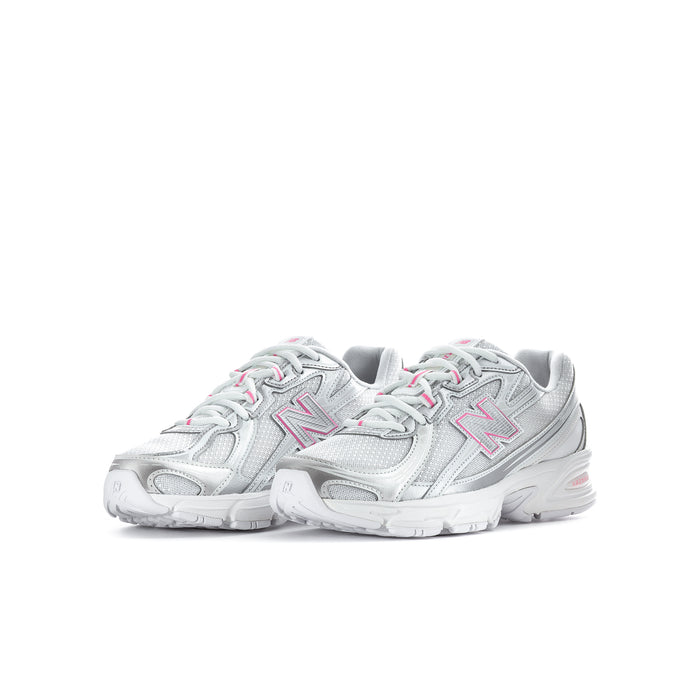 Youth silver metallic sneakers pair, lace-up with pink trim and white midsole