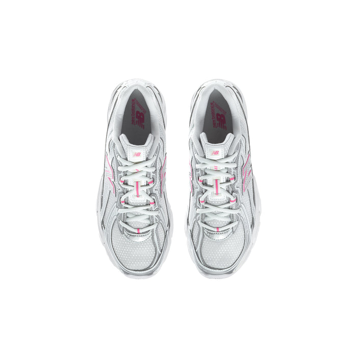 Youth silver metallic sneakers top view, laces with pink eyelets and padded collar