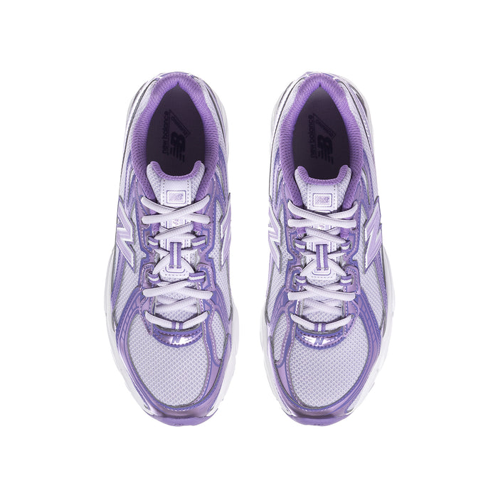 Pair of lilac and violet youth sneakers, top view showing lace-up and padded tongue