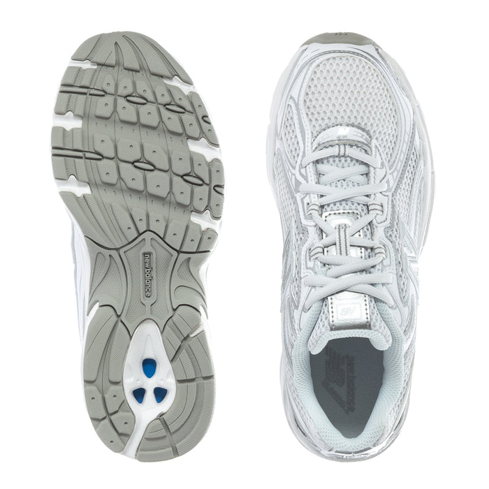 Youth 740 sneakers with gray rubber outsole tread and white mesh lace-up upper