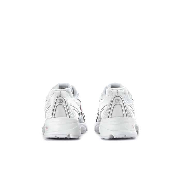 Youth silver metallic sneakers heel view with back pull tab and white cushioning