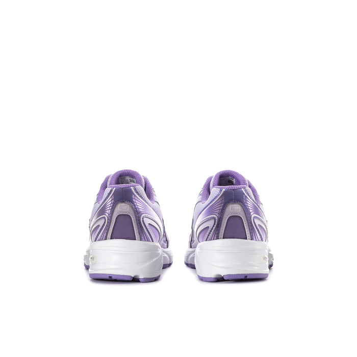 Back view of lilac and violet youth sneakers with white heel panel and cushioned sole