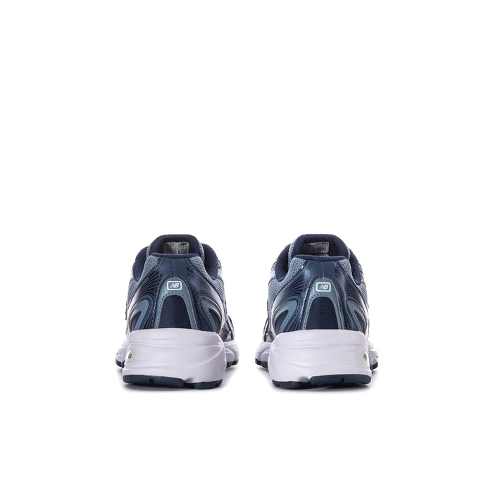 Youth running shoe pair from heel view, navy upper with white sole