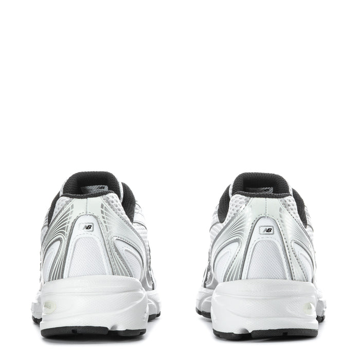 Silver youth running sneakers, rear view, cushioned heel, black collar