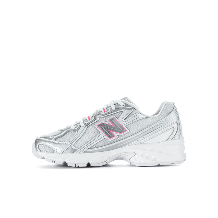 Youth silver metallic sneakers with pink accents, lace-up with cushioned sole