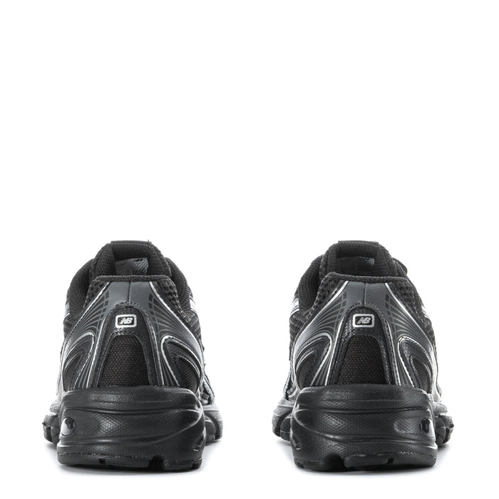 Youth black sneakers, rear view with padded collar and sculpted tread sole
