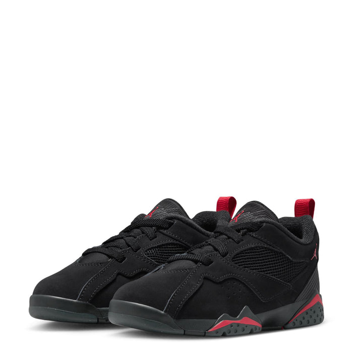 Kids black lace-up sneakers, pair view, with red midsole and laces