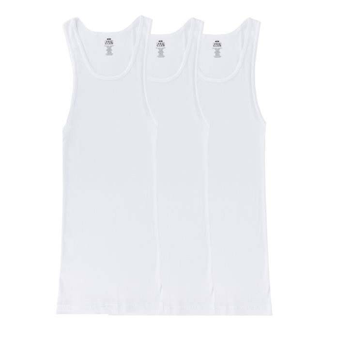 Three-pack white sleeveless tank tops, crew neck, flat lay