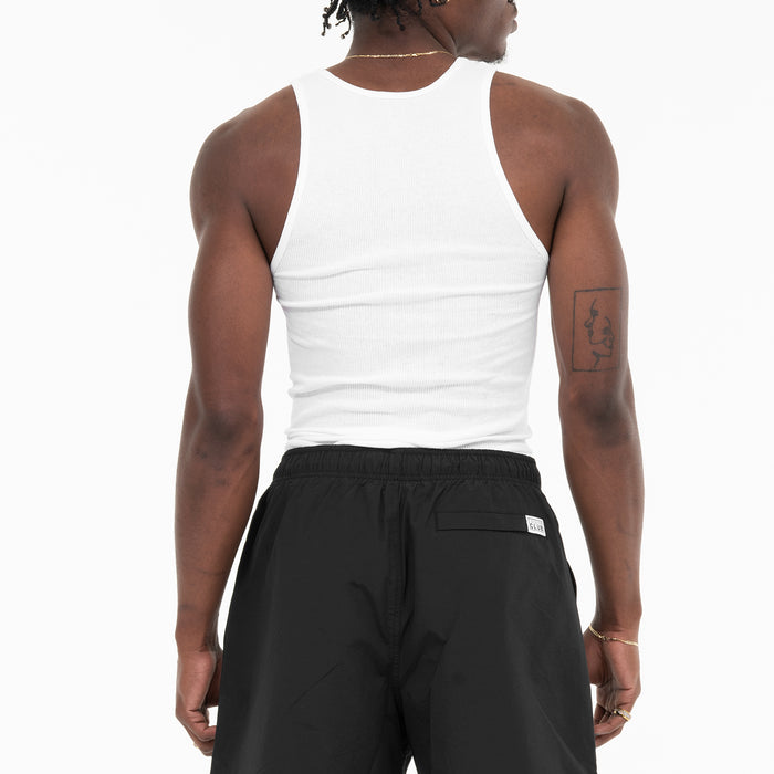 Men's white sleeveless tank top with crew neckline, back view