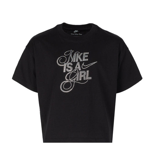 Youth black graphic tee with 'Nike is a girl' text