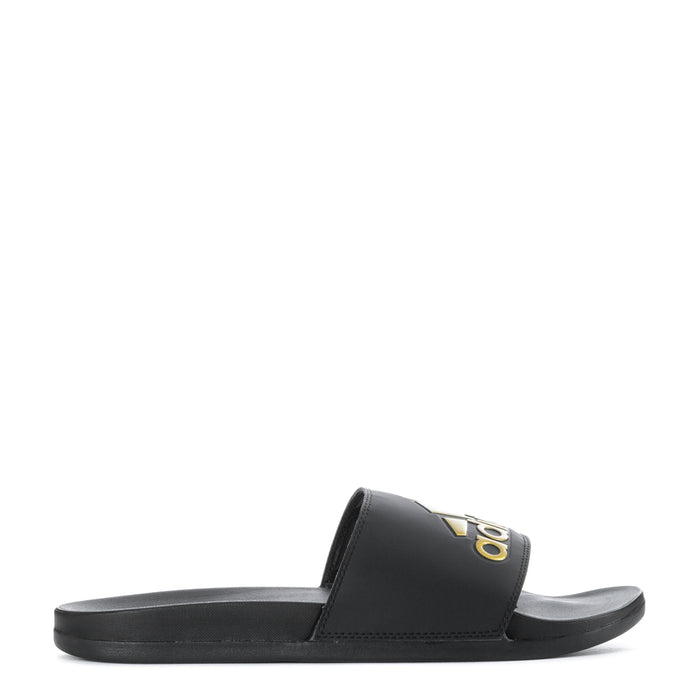 Men's black slide sandals with gold adidas logo strap