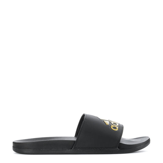Men's black slide sandals with gold adidas logo strap