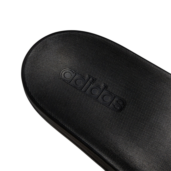 Men's black slide sandals, embossed adidas logo on footbed