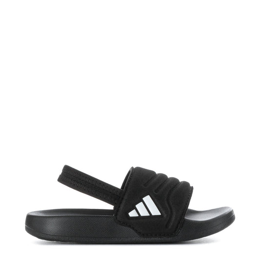 Black toddler slide sandals with cushioned footbed and white triple stripes