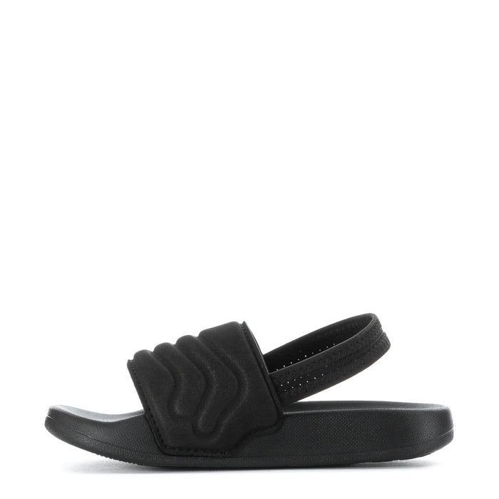 Black toddler slide sandals with wide strap, textured footbed, and white triple stripes
