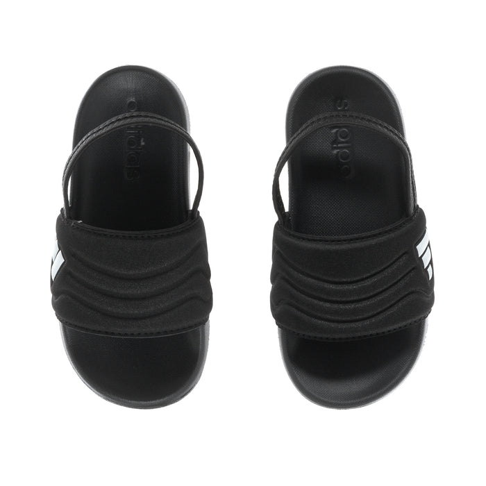 Black toddler slide sandals with contoured strap and adidas logo on footbed