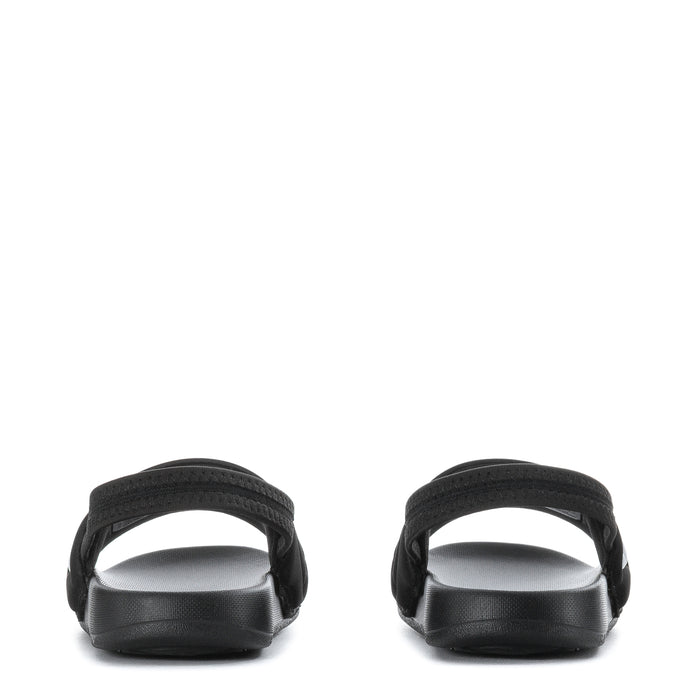 Black toddler slide sandals with open heel and molded cushioned straps