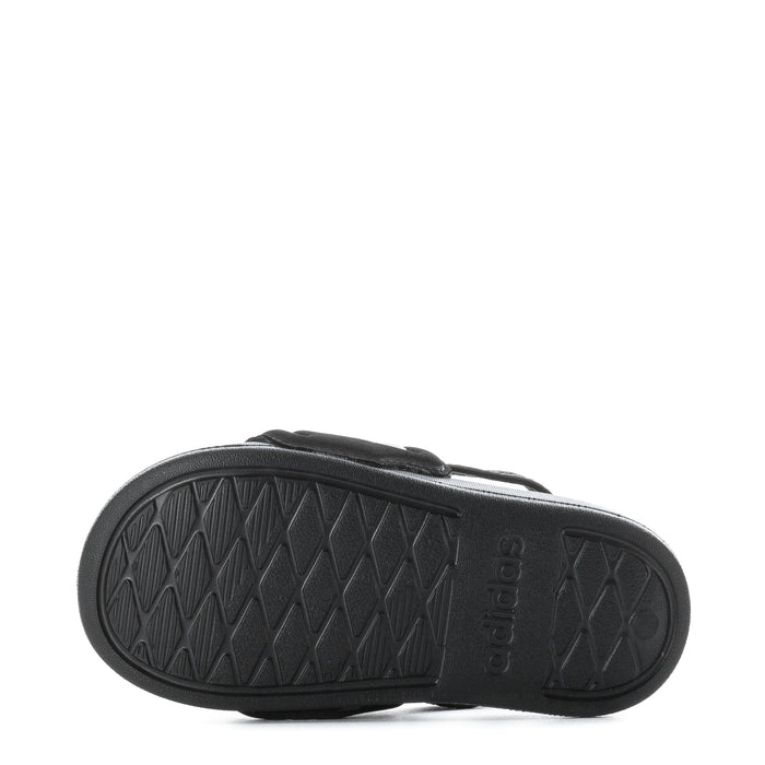 Black toddler slide sandals outsole with textured tread and adidas branding