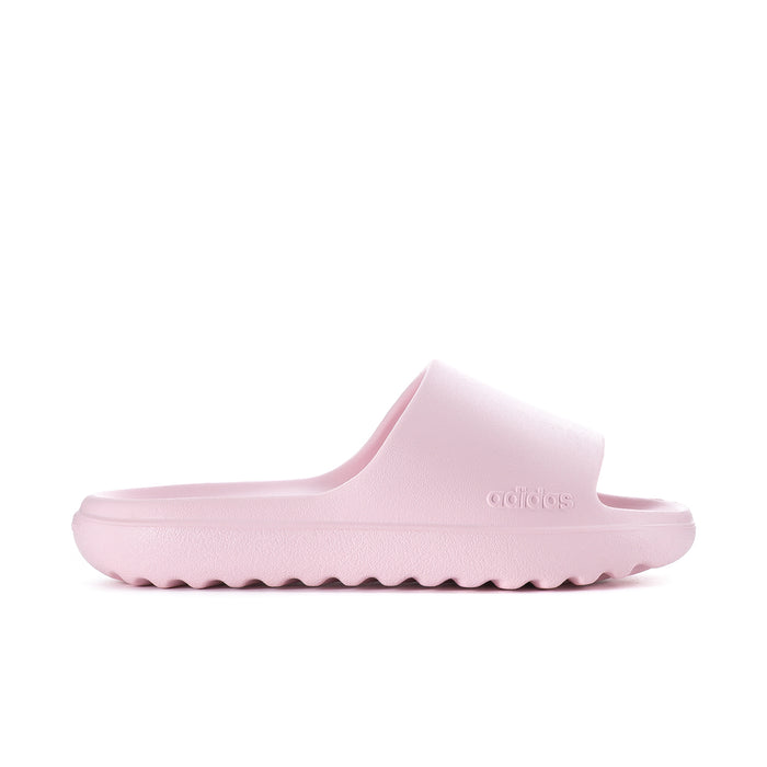 Women's slide sandals in clear pink, single wide band with adidas logo on side