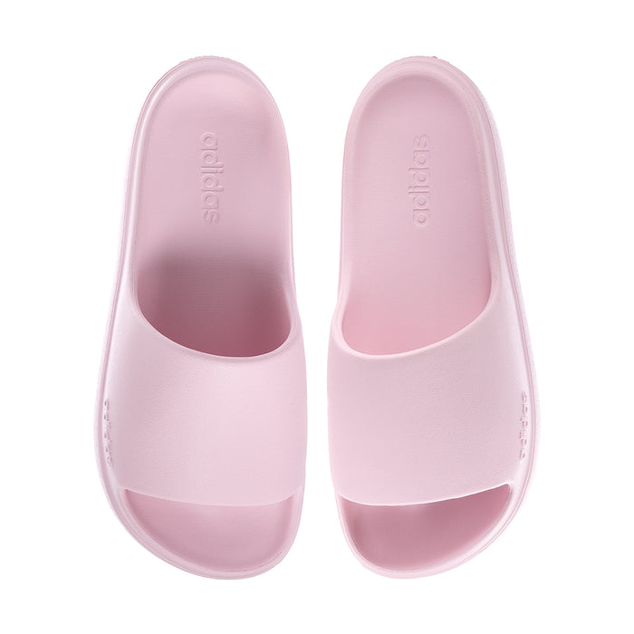 Pair of clear pink slide sandals, front view with open toe and smooth footbed