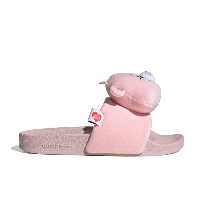 Pink women's plush bear slides with padded strap and white logo