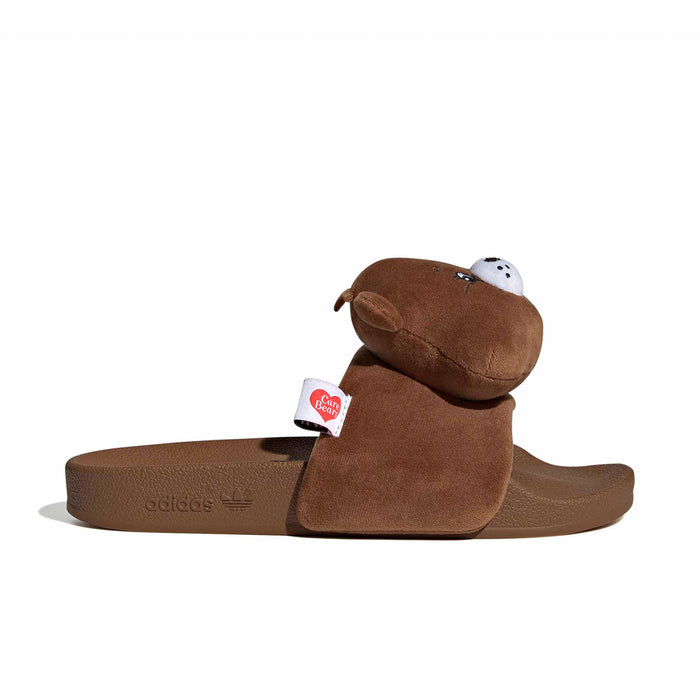 Women’s brown slide sandals with plush bear detail on the strap and toe