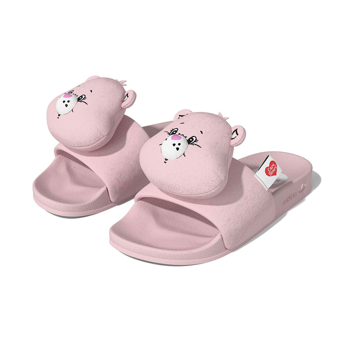 Pink women's plush bear slides, two shoes shown side-by-side