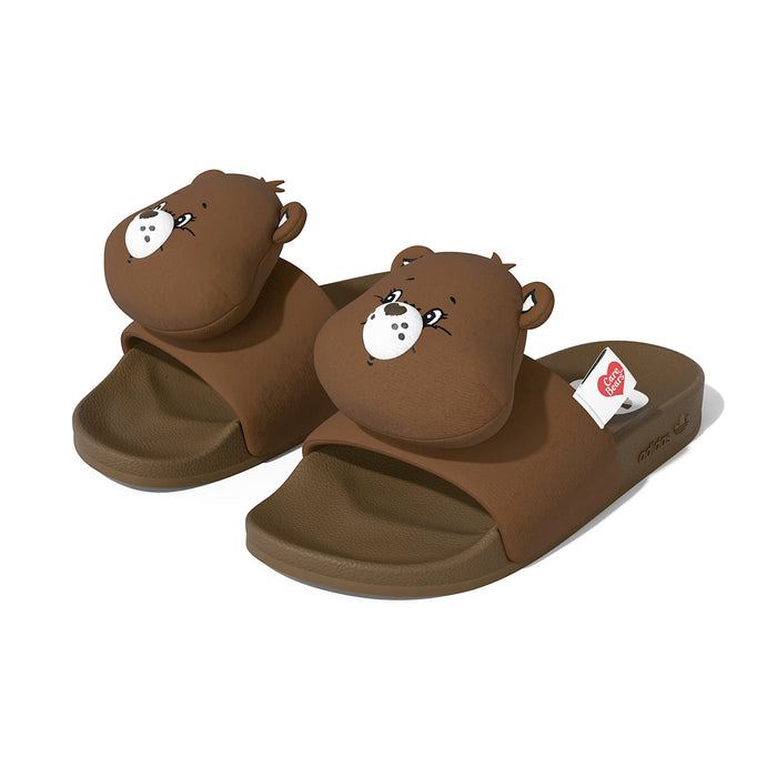 Women’s brown slide sandals with plush bear faces and textured footbed