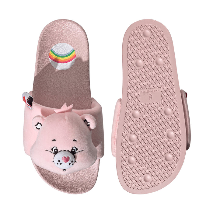 Pink plush bear slides with textured outsole and footbed view