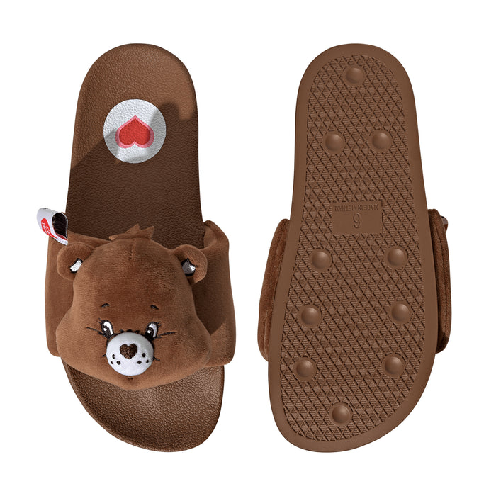 Women’s brown slide sandals with plush bear toe strap and textured outsole