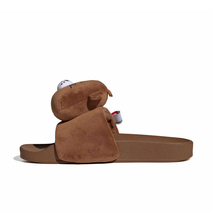 Women’s brown slide sandals with plush bear head detail on the upper