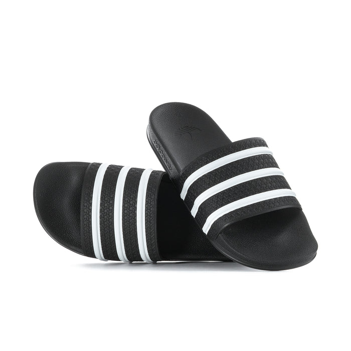 Men's black slide sandals with three white striped straps