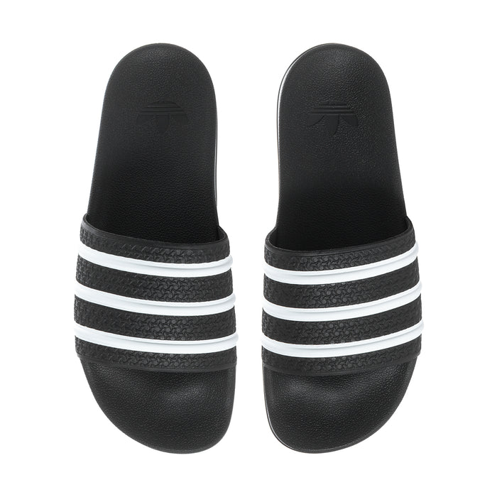 Men's black slide sandals showing three white stripe heel bands