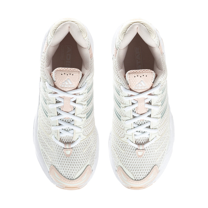 Women’s running shoes, front view; white knit upper with lace-up and mesh panels