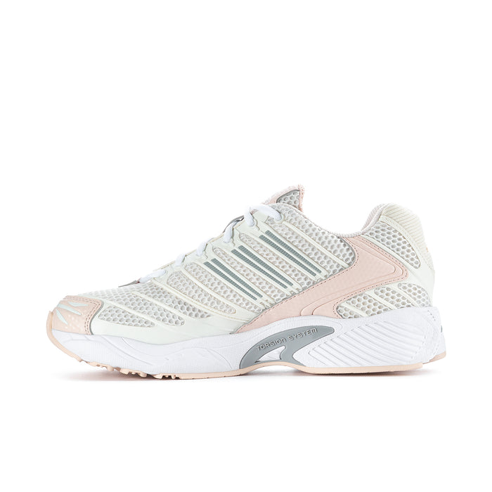 Women’s running shoes, diagonal view; white upper with mint 3-stripe details and peach trim