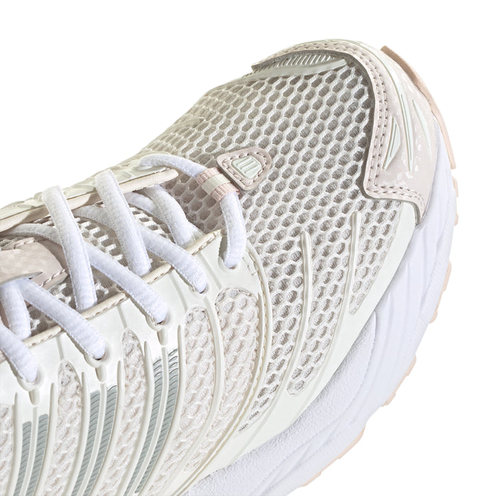 Women’s running shoes, close side view; textured knit upper with mint stripes and white laces